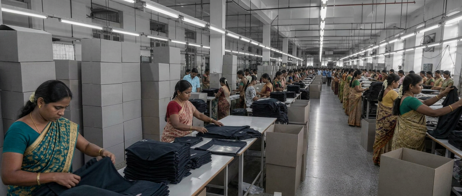 Packing and quality-check lines on the Knittire factory floor in Tirupur