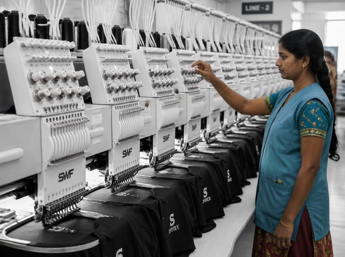 Operator checking an embroidery machine running logo samples