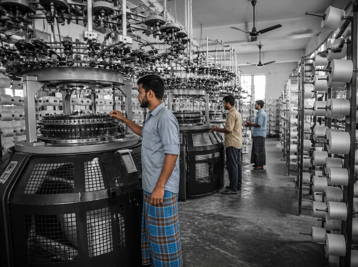 Circular knitting machines on the Knittire fabric mill floor in Tirupur