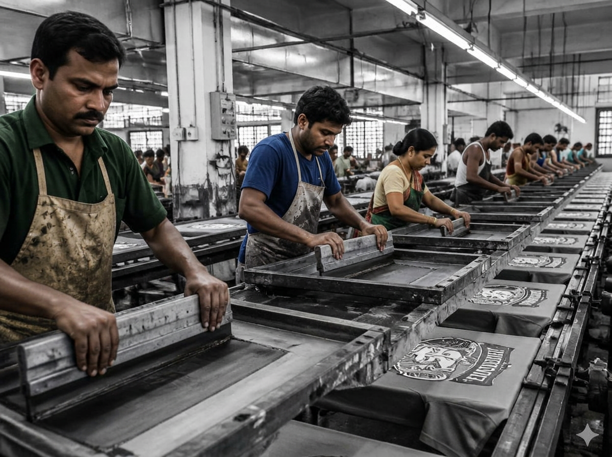 Screen printing line pulling prints over t-shirts in the print hall